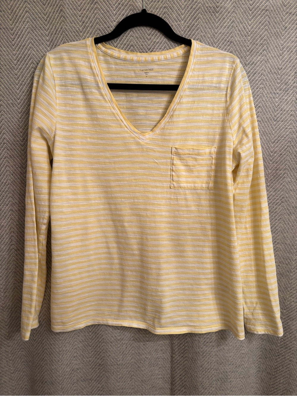 Garnet Hill Yellow & White Striped V-Neck Long Sleeve Top